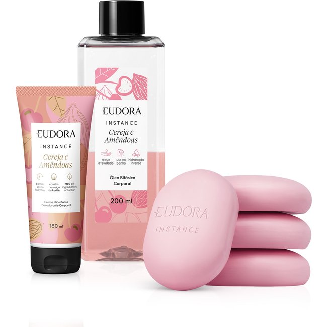 Combo Instance Cereja e Amêndoas: Óleo Corporal 200ml + Loção Corporal 180ml + Sabonete em Barra 80g
