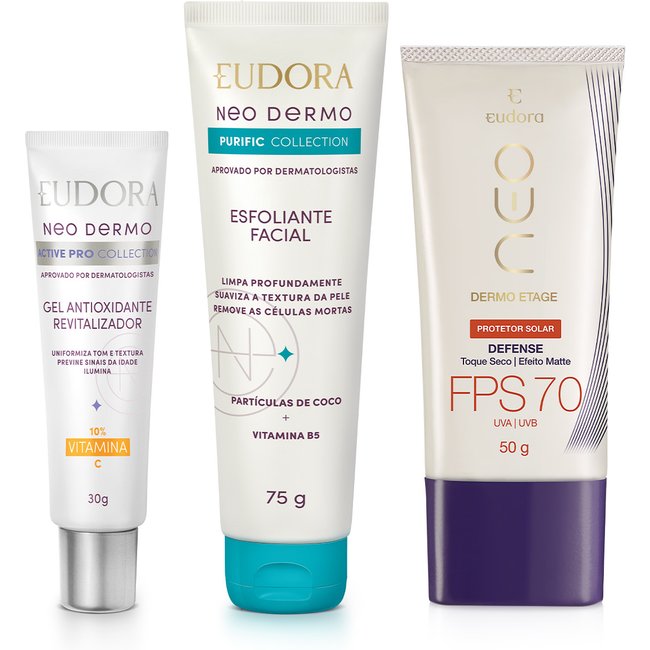 Combo Neo Dermo Proteção: Esfoliante Facial 75g + Pro Serum 30g + Protetor Solar Facial FPS 70 50g