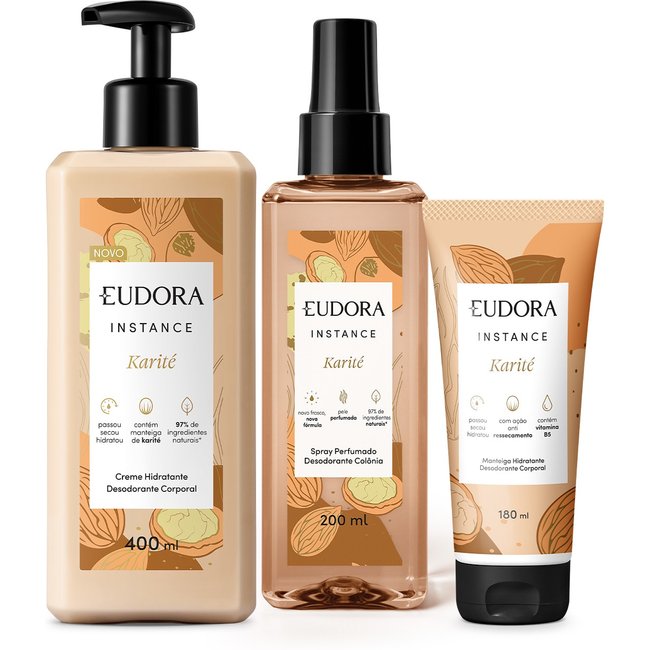 Combo Instance Karité: Manteiga Hidratante Desodorante Corporal 180ml + Spray Perfumado Desodorante Colônia 200ml + Creme Hidratante Desodorante 400ml