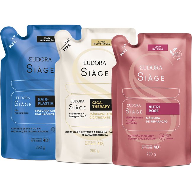 Combo Siàge Cronograma Capilar Máscaras Refil: Hair-Plastia 250g + Nutri Rosé 250g + Cica-Therapy 250g