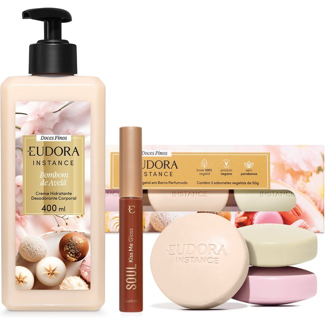 Combo Doces Finos: Kit Sabonete em Barra Vegetal 3x50g + Creme Hidratante 400ml + Gloss 5,2ml