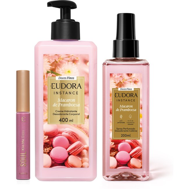 Combo Macaron de Framboesa: Spray Perfumado 200ml + Creme Hidratante 400ml + Gloss 5,2ml
