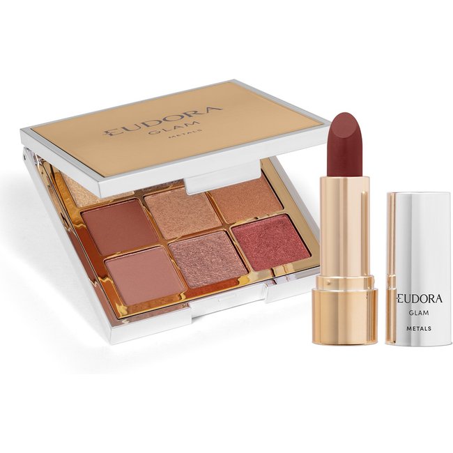Combo Eudora GLAM Metals: Paleta de Sombra 5,8g + Batom Vermelho Nude Nobre 3,6g