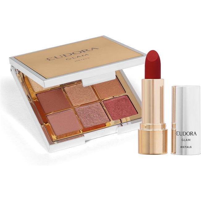 Combo Eudora GLAM Metals: Paleta de Sombra 5,8g + Batom Vermelho Precioso 3,6g
