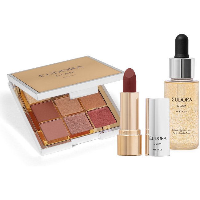 Combo GLAM Metals: Paleta de Sombra 5,85g + Primer Líquido Facial 32ml + Batom Vermelho Nude Nobre 3,6g