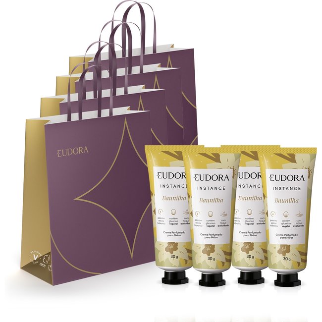 Combo Presente Instance Baunilha: Creme para as mãos 4x30ml + Sacolas Presenteáveis