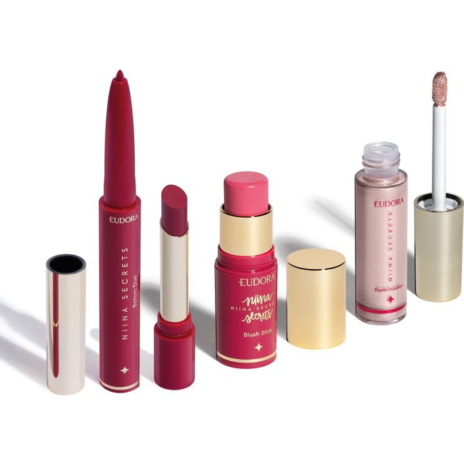 Combo Niina Secrets: Blush Rosa 5g + Batom Rosa 1,65g + Iluminador Líquido Rosé 10ml