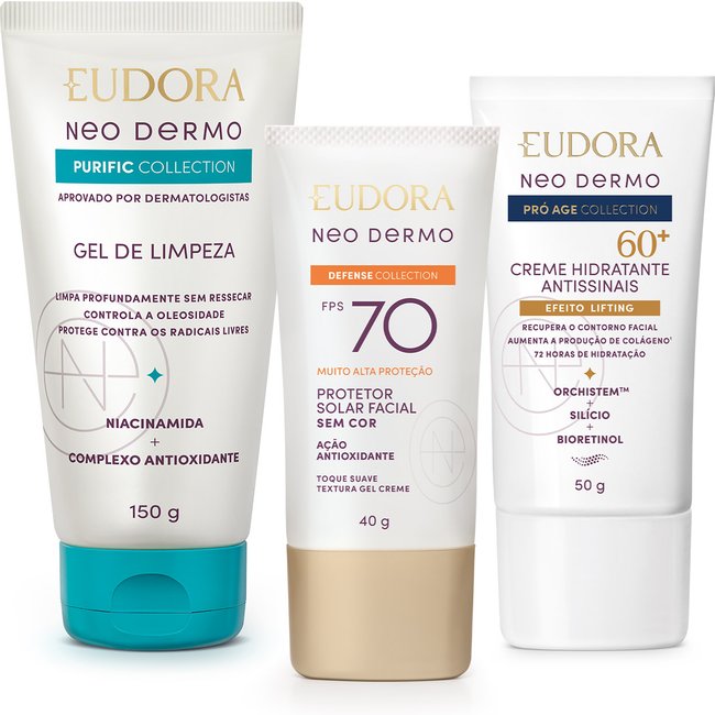 Combo Neo Dermo: Protetor Solar FPS 70 40g + Gel de Limpeza Facial 150g + Creme Facial 60+ 50g