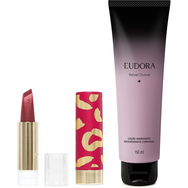 Combo Loção Corporal Eudora Velvet Divine 150ml + Refil Batom 3,4g + Case Para Batom