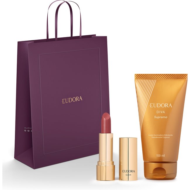 Combo Dia das Mães Diva Suprema: Loção Iluminadora 150ml + Batom Cremoso Rose Diva 3,6g + Sacola Tamanho M