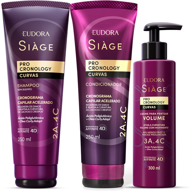 Combo Siàge Pro Cronology Curvas: Shampoo 250ml + Condicionador 250ml + Creme para Pentear Volume 300ml
