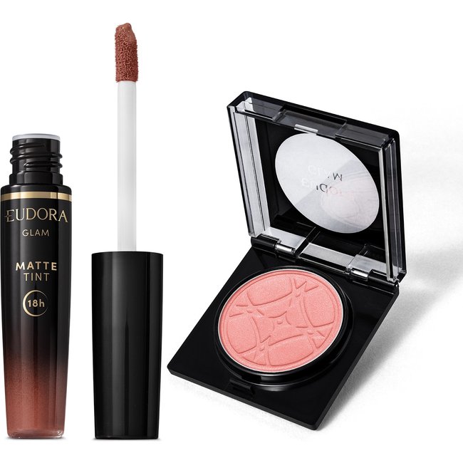 Combo Glam: Blush em Pó Pêssego Peach Bellini 5g + Batom Líquido Marrom Nude Icônico 4g