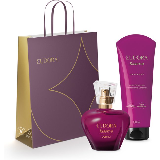 Combo Eudora Kiss me Cabernet presente: Desodorante Colônia 50ml + Loção Perfumada 100ml + Sacola