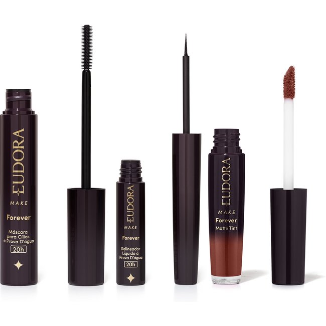 Combo Eudora Make: Máscara Cílios Forever 8g + Delineador Líquido Forever 3ml + Batom Líquido Marrom Nude Icônico 4ml