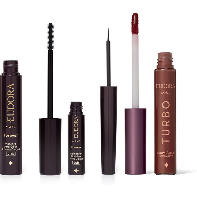 Combo Eudora Make: Batom Líquido Rosa Pink Turbinado 5ml + Máscara Cílios Forever 8g + Delineador Líquido Forever 3ml
