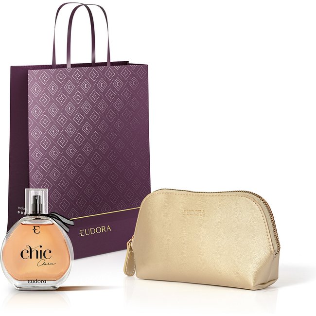 Combo Desodorante Colônia Chic Chérie 95ml + Nécessaire Dourado Arredondado Eudora Collection + Sacola
