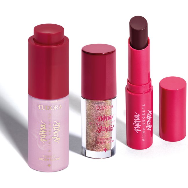 Combo Niina Secrets: Delineador Crystal Brilho Rose Gold 3g + Hidra Balm Vinho 3,2g + Primer Hidra Glow 16ml