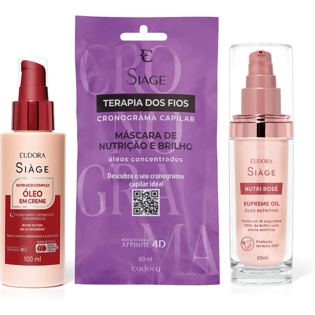 Combo Siàge Nutrição: Óleo Nutritivo 60ml + Óleo em Creme Acid. Complex 100ml + Máscara De Nutrição 60ml
