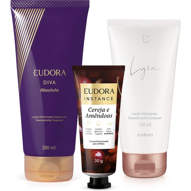 Combo Eudora: Creme Para Mãos Instance Cereja e Amêndoas 30g + Loção Corporal Diva Absoluta 200ml + Loção Hidratante Desodorante Lyra 150ml