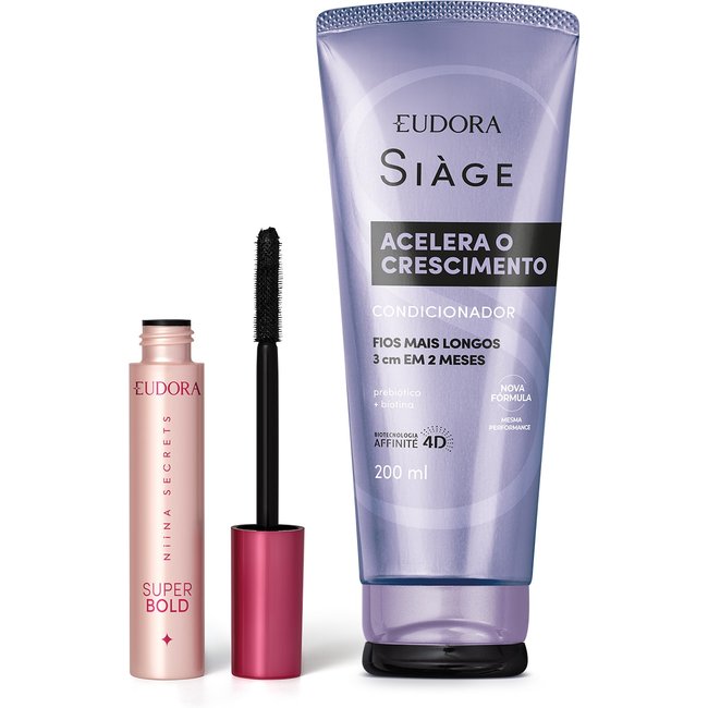 Combo Máscara para Cílios Super Bold Niina Secrets 10g + Condicionador Siàge Acelera o Crescimento 200ml