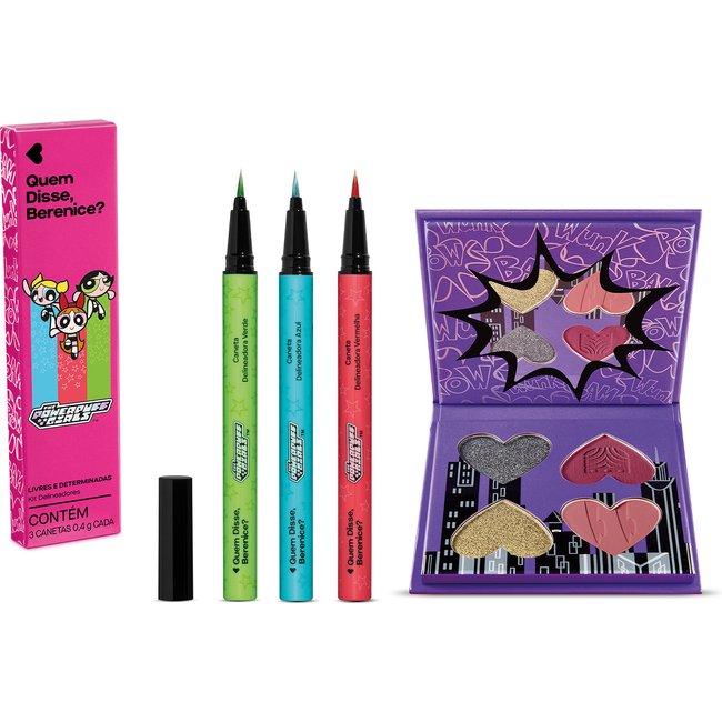 Combo Olhar Poderoso QDB As Meninas Superpoderosas: Mini Paleta de Sombras 4g + 3 Canetas Delineadoras 0,4g cada