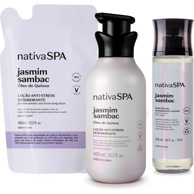 Combo Nativa SPA Jasmim Sambac: Body Splash 200ml + Loção Corporal 400ml + Refil 400ml