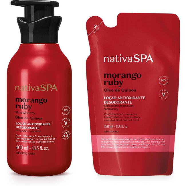 Combo Nativa SPA Morango Ruby: Loção Corporal 400ml + Refil 350ml