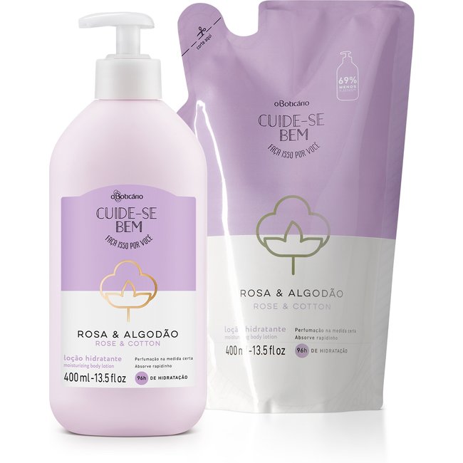Combo Cuide-Se Bem Rosa e Algodão:: Loção Hidratante Corporal 400ml + Refil 400ml