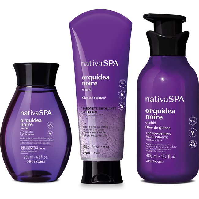 Combo Nativa SPA Orquídea Noire: Óleo Hidratante Corporal 200ml + Loção Corporal 400ml + Sabonete Esfoliante Corporal 175ml