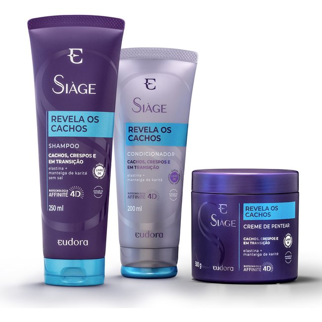 Combo Siàge Revela os Cachos: Shampoo 250ml + Condicionador 200ml + Creme para Pentear 500g
