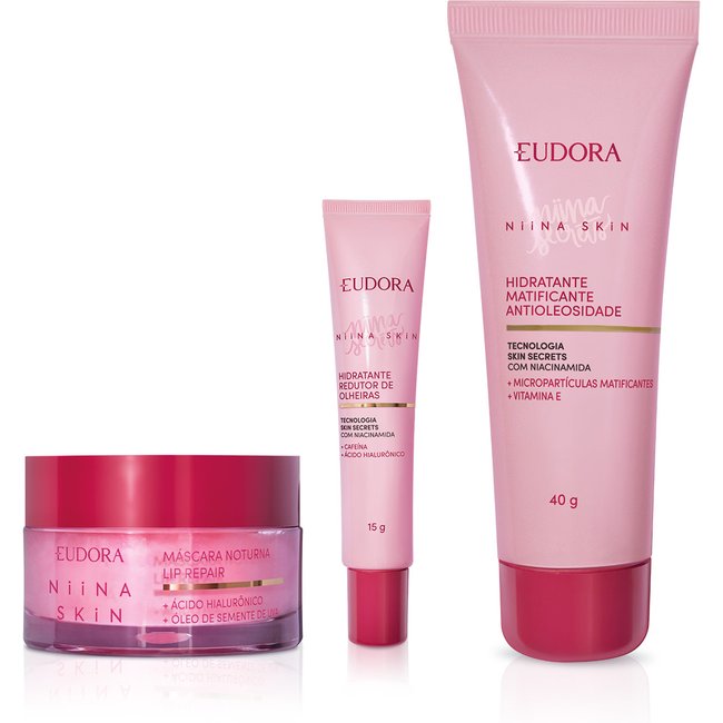Combo Niina Skin: Matificante Antioleosidade 40g + Redutor de Olheiras 15g + Máscara Labial Noturna 9g