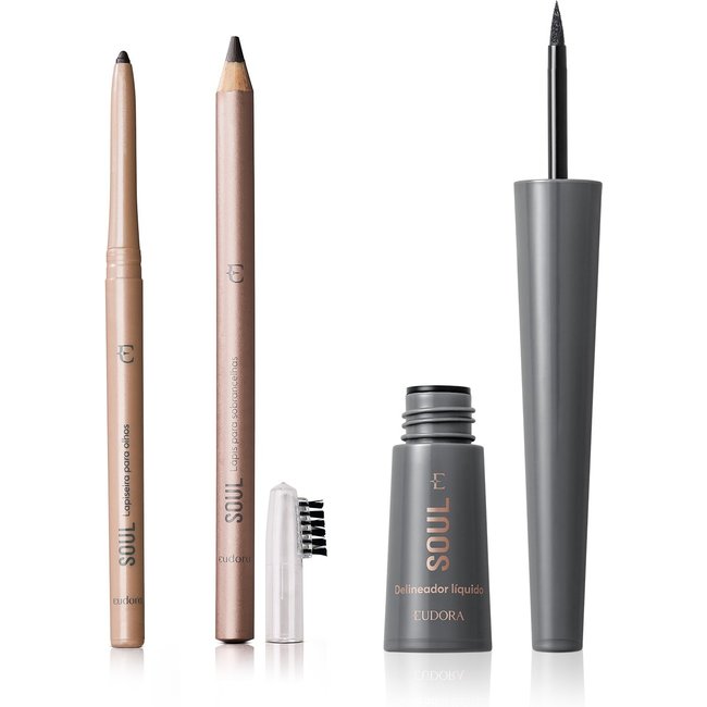 Combo Soul: Lapiseira Retrátil 350mg + Delineador Líquido Preto 2,5ml + Lápis para sobrancelha Médio Escuro 1,1g