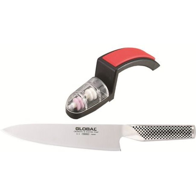 Faca Chef em Aço Inox 20cm + Amolador para Faca 2 Estágios Global