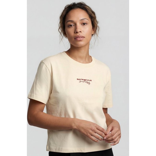 Camiseta Feminina Lança Perfume Estampa Enjoy the Best of Life Bege