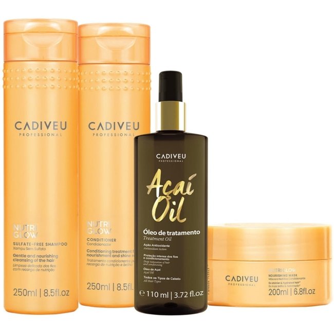 Kit Cadiveu Professional Nutri Glow Shampoo Condicionador Máscara P e Açaí Oil 110 (4 produtos)