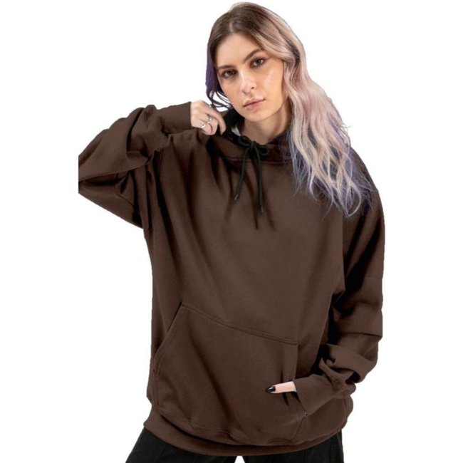 Moletom Relaxado Feminino Canguru Liso Confortável Café