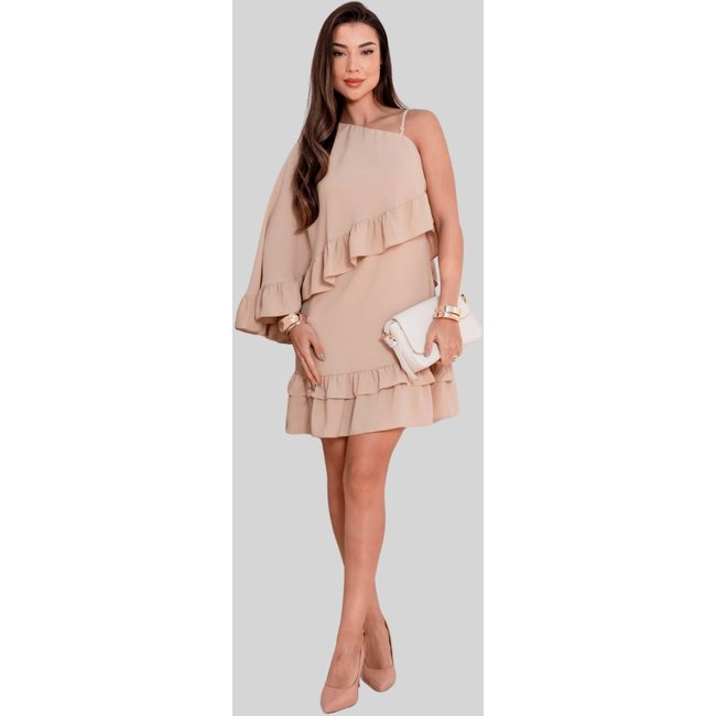 Vestido Miss e Misses Kiara Midi Um Ombro Só C/ Babado Bege
