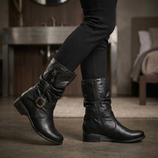 Bota Feminina Couro Cano Médio Sanfonada Salto Baixo Zíper Preto