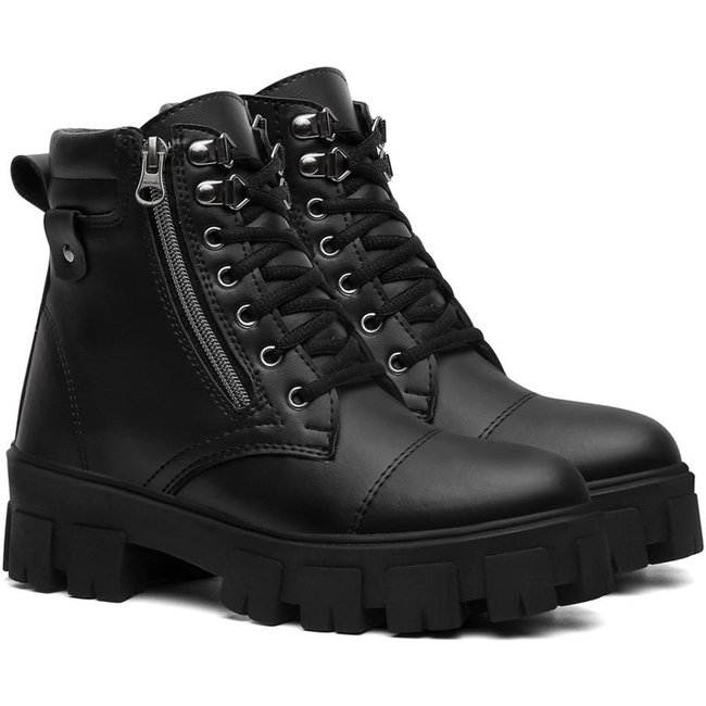 Bota Feminina Cano Curto Anna Andrade Coturno Tratorado Militar Casual Dia a Dia Conforto Preto