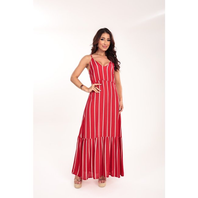 Vestido longo Ícone Fashion Verano Listras Vermelhas Natal