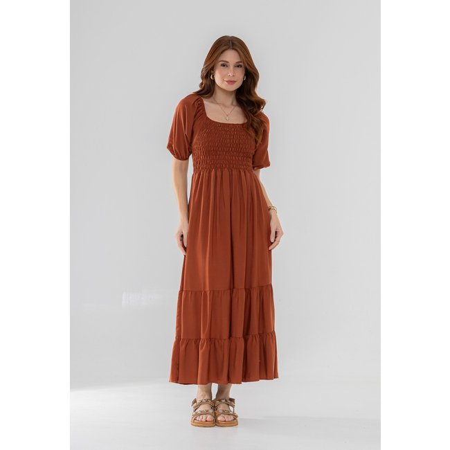 Vestido Aura Miranda Viscolinho Liso Marrom