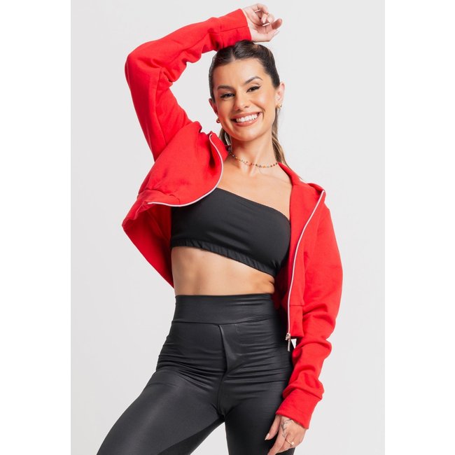 Casaco MVB Modas Bomber Ziper Moletom Cropped Flanelado Inverno Vermelho