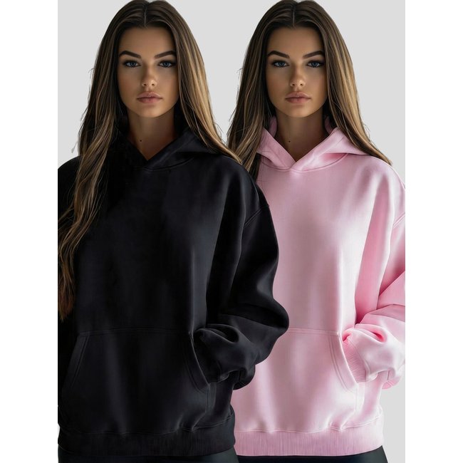 Kit 2 Moletom Canguru Feminino Fechado Flanelado Benellys Liso Rosa com Preto