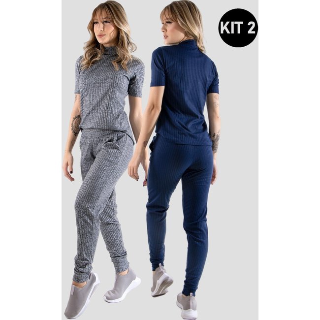 Kit 2 Conjuntos Canelado Manga Curta 4 Estações Blusa Canelada Calça Jogger Cintura Alta Liso Azul Marinho/Cinza