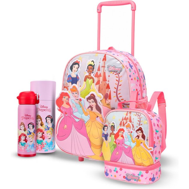 Infantil - Kit Mochila de Rodinhas Lancheira Garrafa Princesas Disney