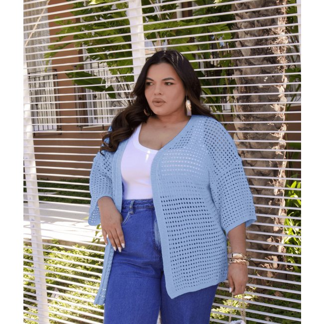Casaco Cherry Line Kimono Vazado Plus Size Aberto Leve Manga Três Quartos Verão Tricot Azul