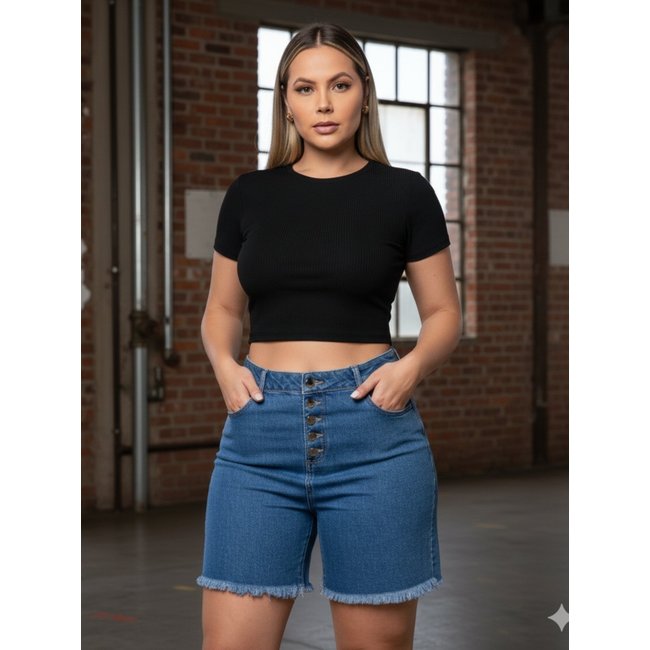 Bermuda Jeans Feminina Meia Coxa Barra Desfiada Botoes Bolso