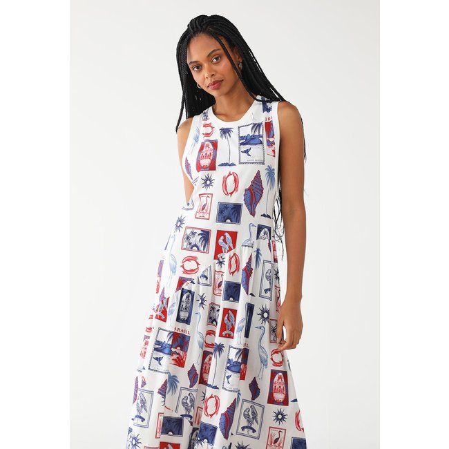 Vestido FARM Longo Cropped Tropical Vintage Branco