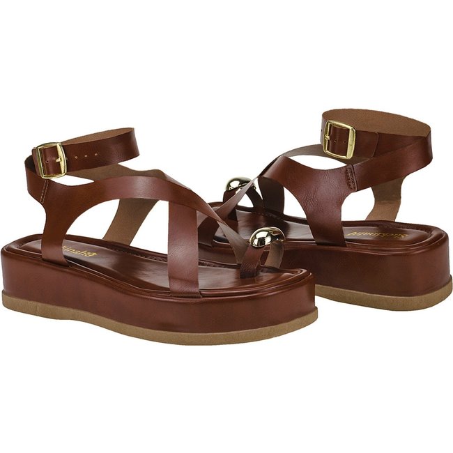 Sandália Flat Plana Rasteira Feminina Chinelo Tamanco Shekinah Tiras Cruzadas Macio Fashion Detalhe Enfeite Metal Caramelo