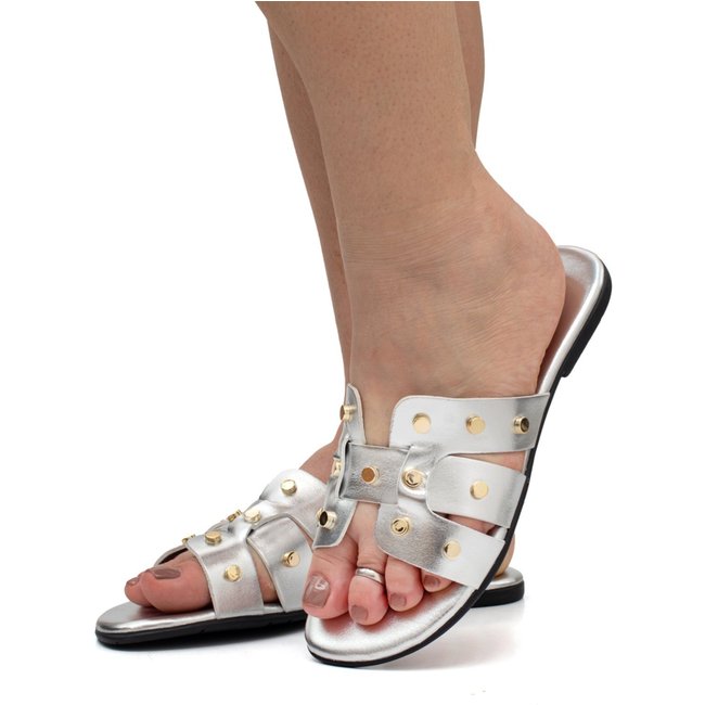 Sandália Feminina Rasteira Flatform Flat Rasteirinha Papete Metal Brilho Prata